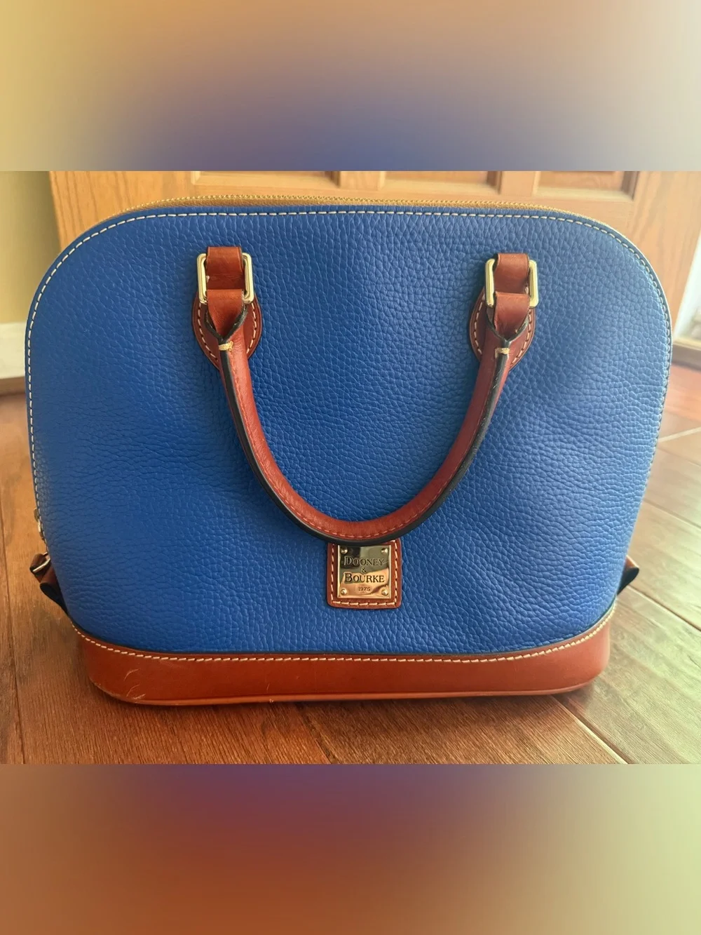 Dooney & Bourke Pebble Grain Royal Blue Leather Satchel with Brown Trim